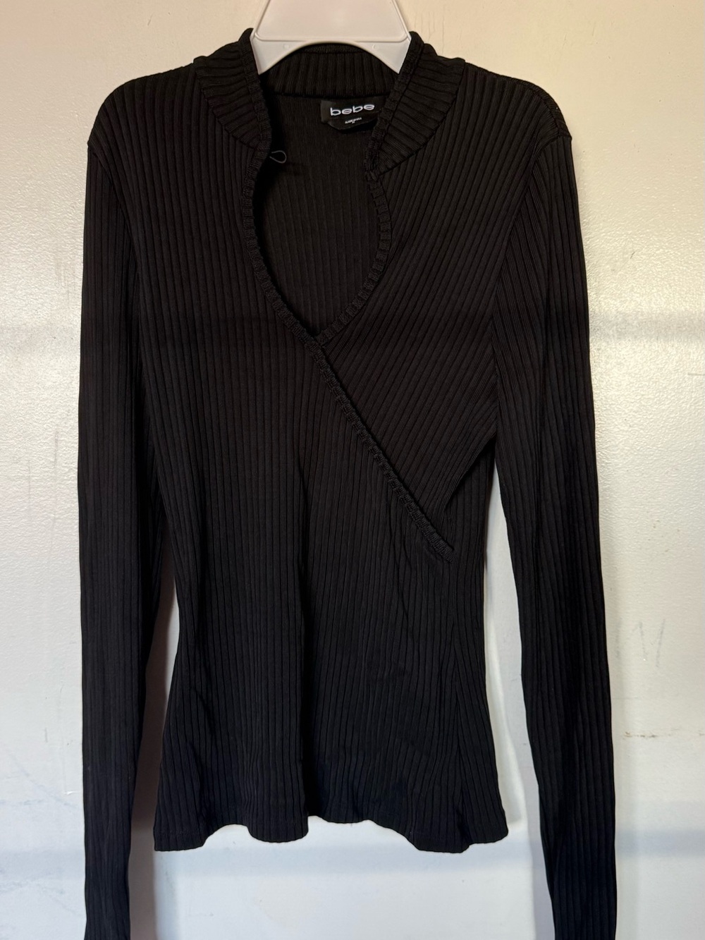 bebe Black Ribbed Long-Sleeve Wrap-Detail Top